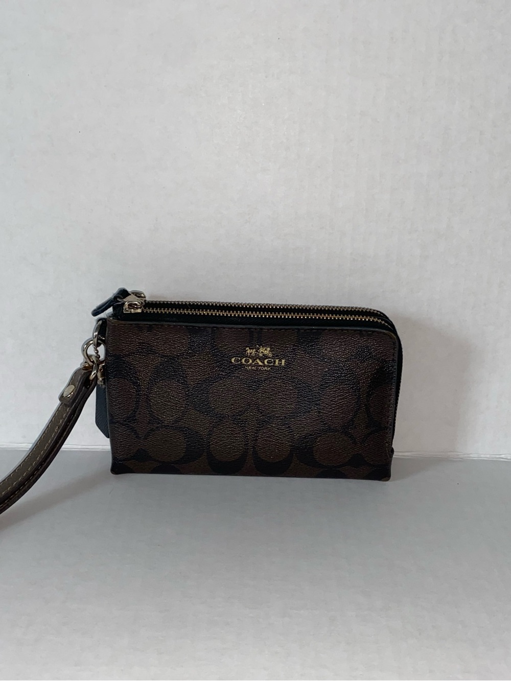 Coach Brown and Black Logo Zip Wristlet with Strap